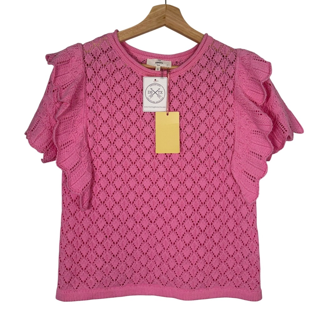 Entro Pink Pointelle Knit Ruffle Short Sleeve Sweater Top T21138 Small NWT